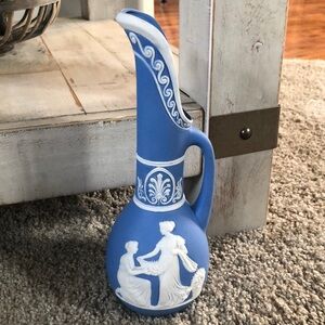 Wedgewood style mini pitcher vase porcelain blue and white. Vintage